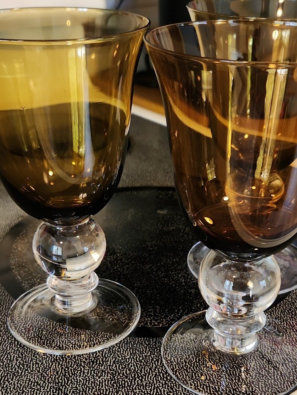 Set of 3 Amber Wine/Water Goblets Clear Ball Stem